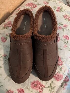 Easy Spirit Brown Faux Fur-Trim Slip Ons